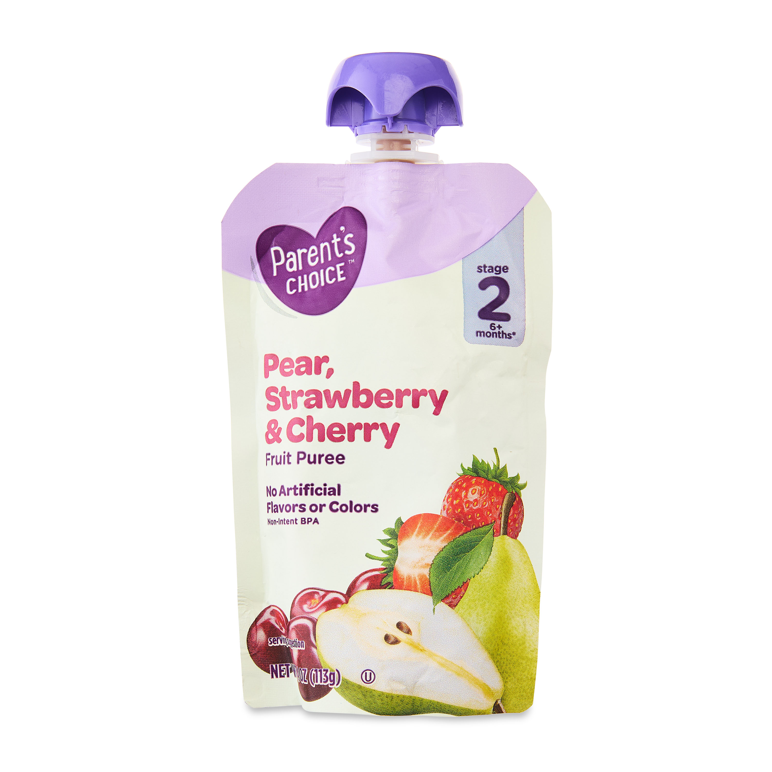 Parent's Choice Pear, Strawberry \u0026 Cherry Fruit Puree, Stage 2, 4 oz Pouch